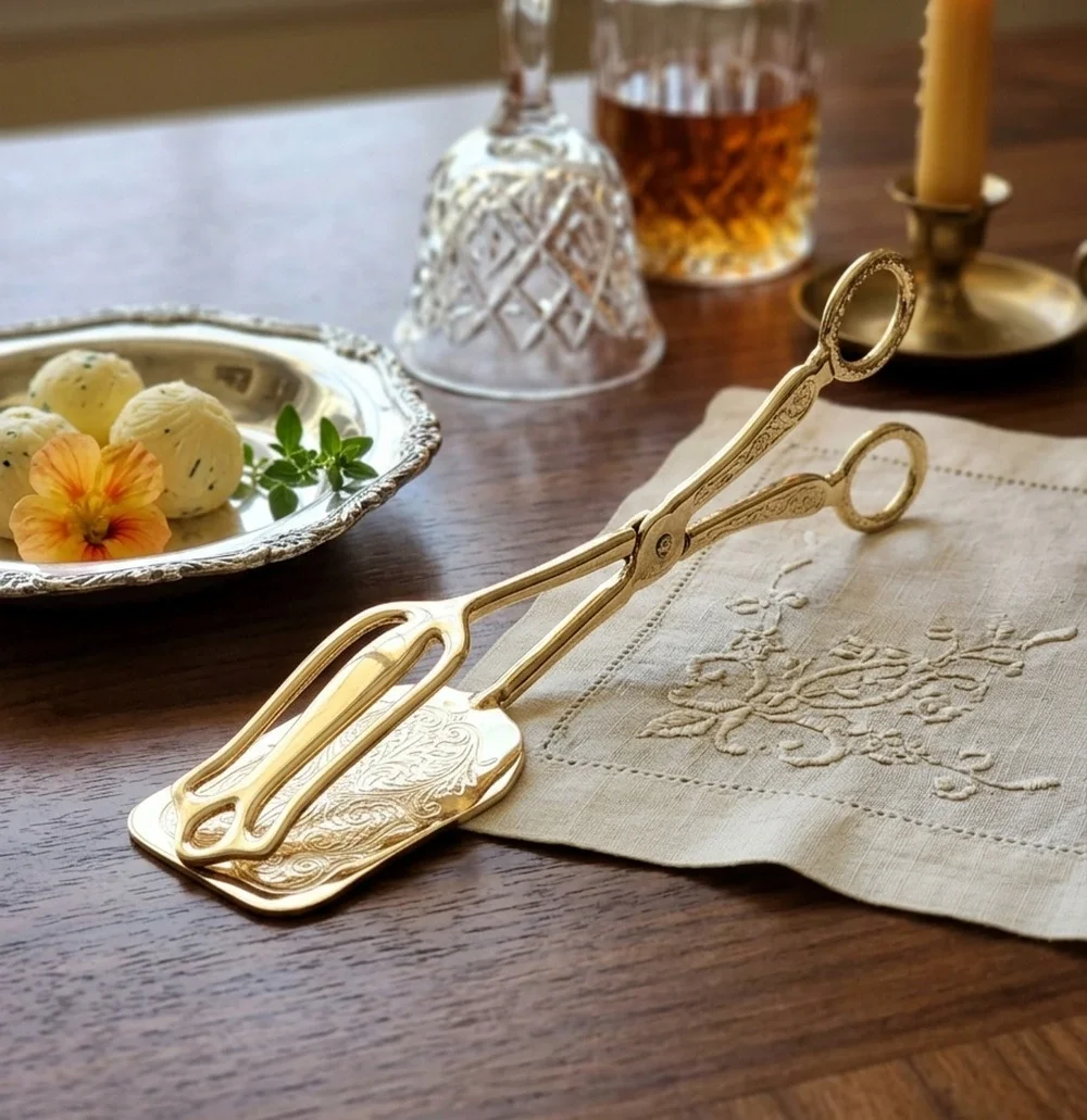 Ornate Gold Tone Engraved Tongs 7.5in Floral Scroll Serving Utensil
